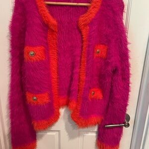 Endless Rose Vibrant Pink and Orange Fuzzy Cardigan. Size M